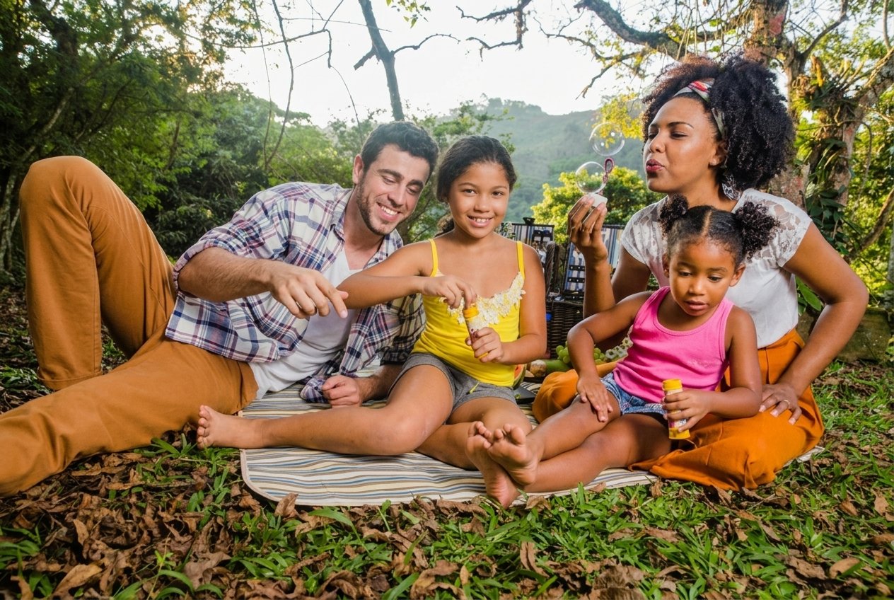 Un papá, una mamá y sus dos hijas hacen un picnic y soplan burbujas sobre el pasto